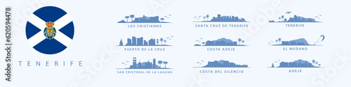 Horizontes de la isla de Tenerife, siluetas de Santa Cruz, Costa Adeje, del Silencio, San Cristóbal, Puerto De La Cruz, El Médano, Los Cristianos. Destinos turísticos tropicales españoles. Colección