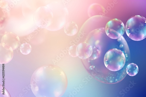 Abstract bubbles background. Realistic transparent colorful soap bubbles with rainbow reflection on a light purple background. Beautiful pink soap bubbles floating background