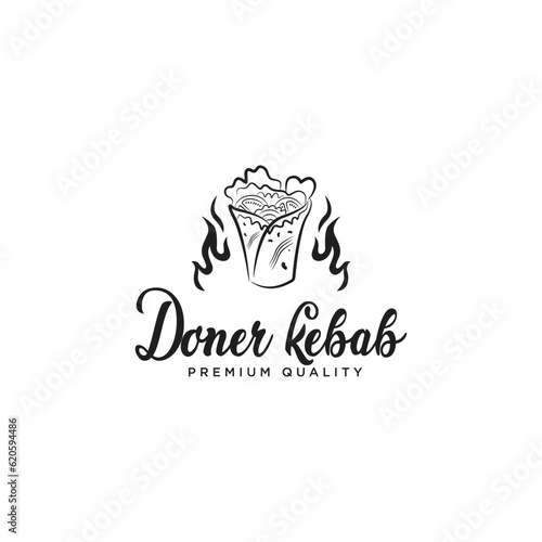 Doner Kebab logo template with sandwich kebab and grill. vector illustration