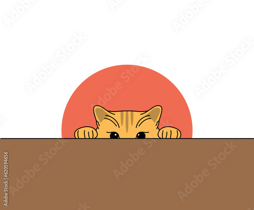 vector illustration a lovely yellow cat is peering over the dining table at the food.