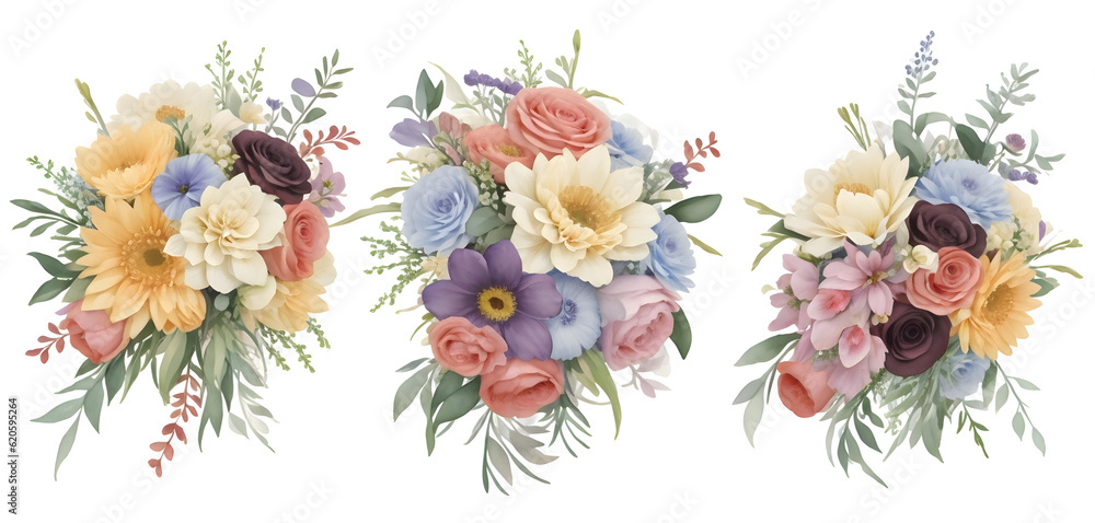 Watercolor flowers and wedding bouquet on transparent background,generative ai
