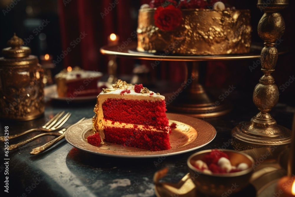 A red velvet cake on a gold plate on a table surrounded by other golden plates with cake pieces. Generative AI
