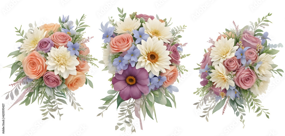 Watercolor flowers and wedding bouquet on transparent background,generative ai