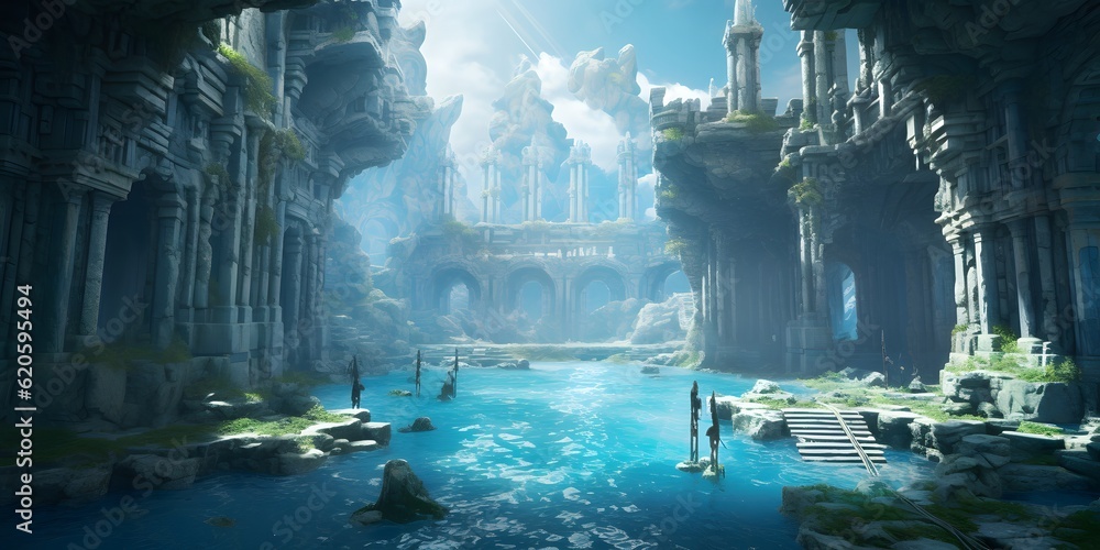 Ruins in ocean, Mediterranean Sea, fantasy world building, concept art, game design, dramatic, varied, strong colors