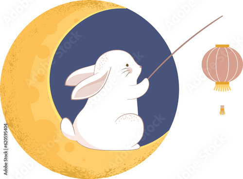Fototapeta Naklejka Na Ścianę i Meble -  Cute Rabbit with Chinese Lantern on the Moon - Illustration for Chuseok / Mid Autumn Festival 