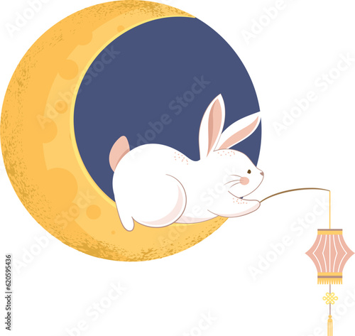 Cute Rabbit with Chinese Lantern on the Moon - Illustration for Chuseok / Mid Autumn Festival 