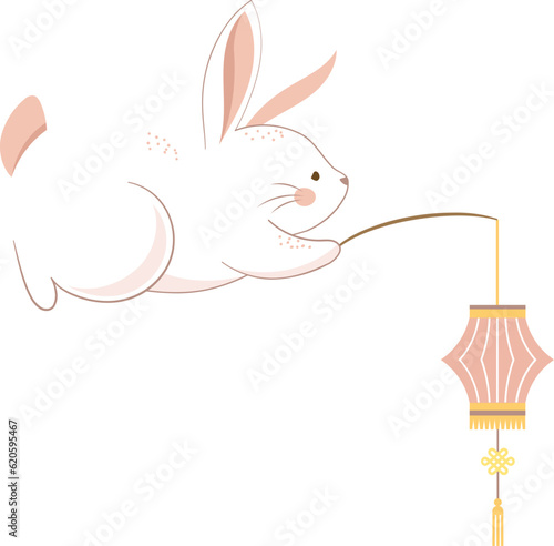 Cute Hand Drawn Rabbit with Chinese Lantern for Mid Autumn Festival or Chinese New Year