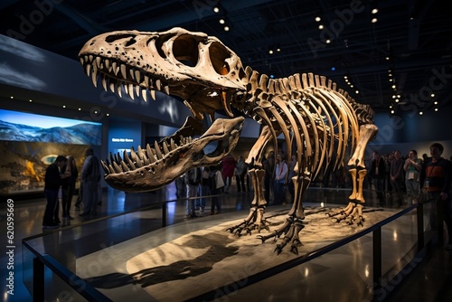 A large dinosaur skeleton is on display in a museum. AI