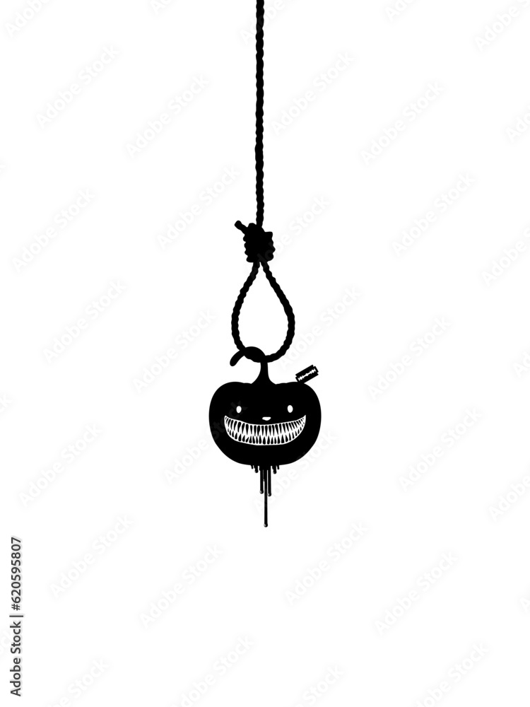 Scary Bloody Pumpkin with Razor Blade hanging on gallows for sign, symbol and Halloween art illustration. Vector Illustration Scary Bloody Pumpkin with Razor Blade hanging on gallows for sign, symbol and Halloween art illustration. Vector Illustration