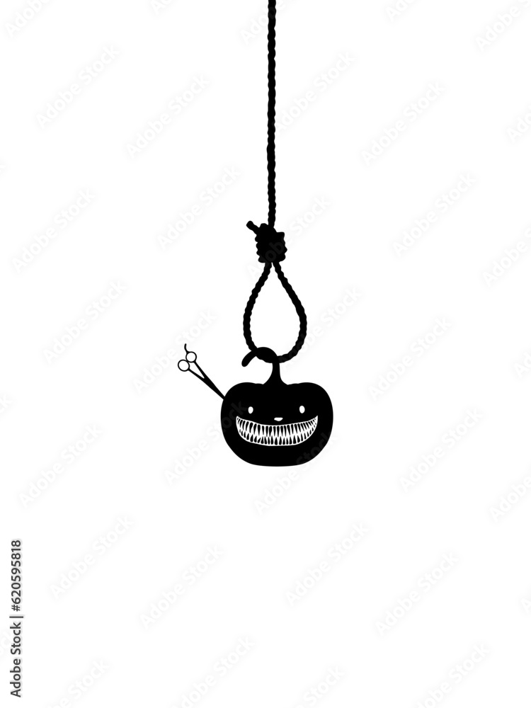Scary Pumpkin with Scissors hanging on gallows for sign, symbol and Halloween art illustration. Vector Illustration Scary Pumpkin with Scissors hanging on gallows for sign, symbol and Halloween art illustration. Vector Illustration