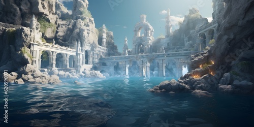 Ruins in ocean, Mediterranean Sea, fantasy world building, concept art, game design, dramatic, varied, strong colors © Jing