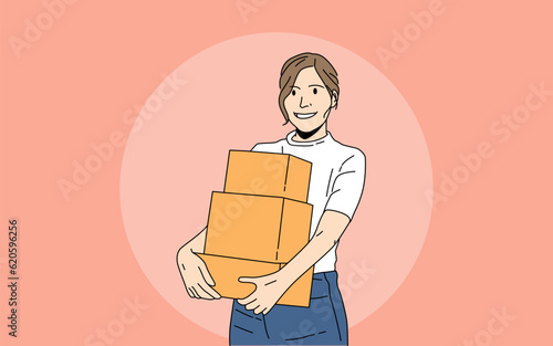 illustration vector graphic of a girl holding a parcel box isolated. Courier service and delivery concept © D.creative
