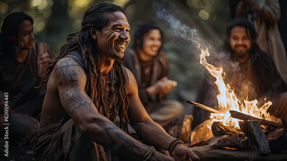 Native storyteller sharing tales around a campfire.