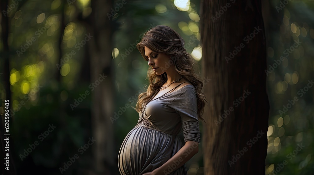 Pregnant woman walking through a park, gently caressing her baby bump. Pregnant woman walking through a park, gently caressing her baby bump.