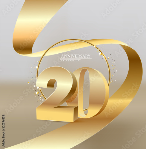 20 golden numbers and Anniversary Celebrating text with golden serpentine and confetti on red background. Vector twentieth anniversary celebration event square template