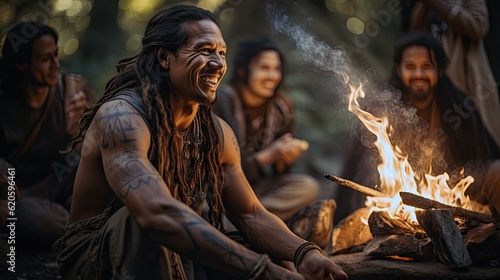 Native storyteller sharing tales around a campfire. photo