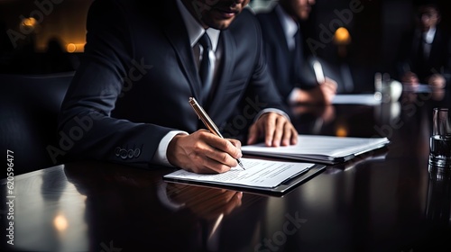 Businessman writing in a notebook during a meeting.