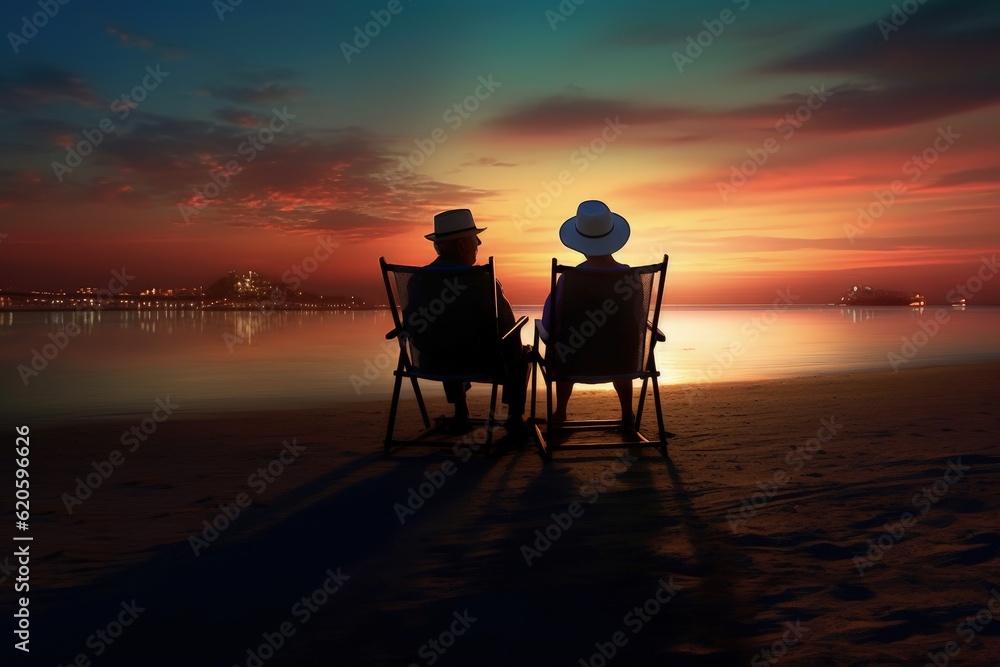 Obraz premium Vacation summer, golden sandy beach,sitting on sun lounger chair right on beach by sea by the water, empty pristine white sandy beach with shallow water. Carefree rest relaxation peace Inspiration. 