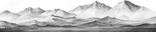 Hand drawn mountain range nature landscape. Greyscale abstract panorama with rocky mountains skyline. Vector illustration.