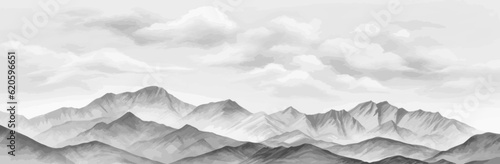 Hand drawn mountain range nature landscape. Greyscale abstract panorama with rocky mountains skyline. Vector illustration.