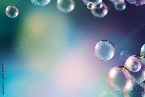 Abstract bubbles background. Realistic transparent colorful soap bubbles with rainbow reflection on a light blue colored background. Beautiful pink soap bubbles floating background