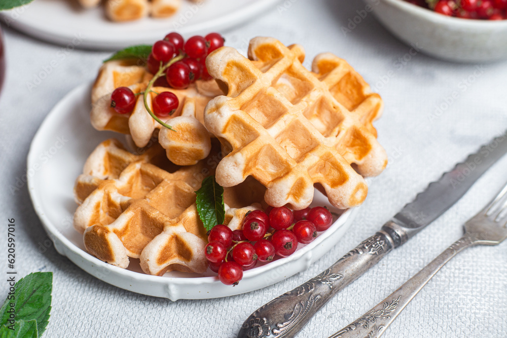 Belgian waffles with red currants in a bowl Belgian waffles with red currants in a bowl