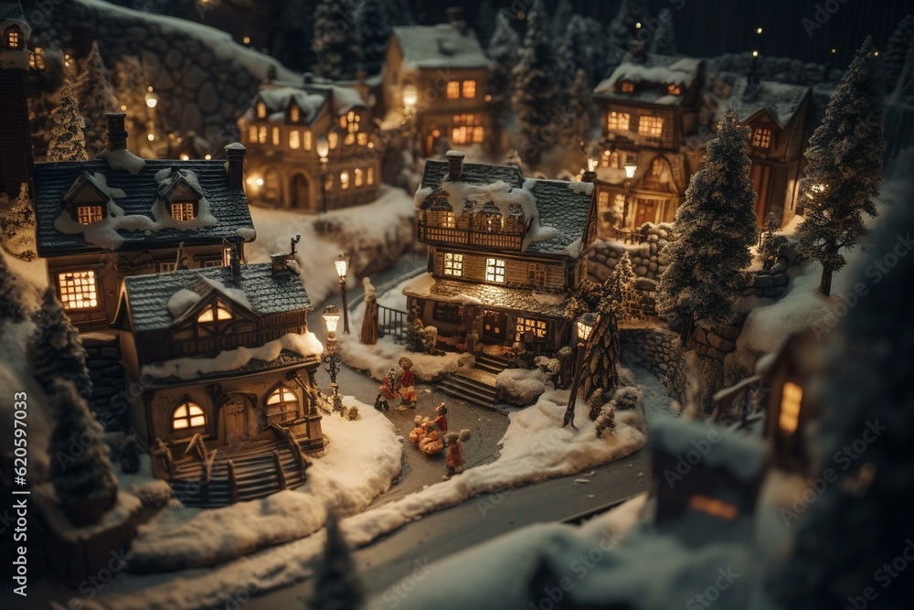 A classic Christmas village with a wintry landscape. Perfect for celebrating the holidays. Generative AI