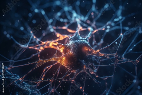 Glowing neuron in a digital network. Generative AI © Evelina