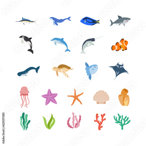 Marine Animals Illustration. Inhabitants of sea, ocean underwater life. Cute ocean animals vector set. Sea creatures cartoon characters, marine life clip art collection.