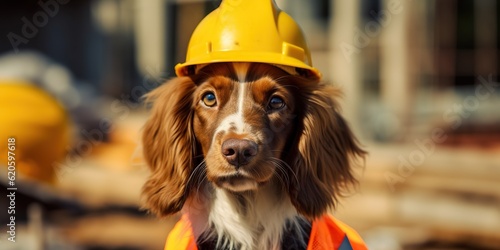 Hilarious dog wearing hard hat and safety vest pretending to be construction worker on job site, concept of Animal role-play, created with Generative AI technology photo