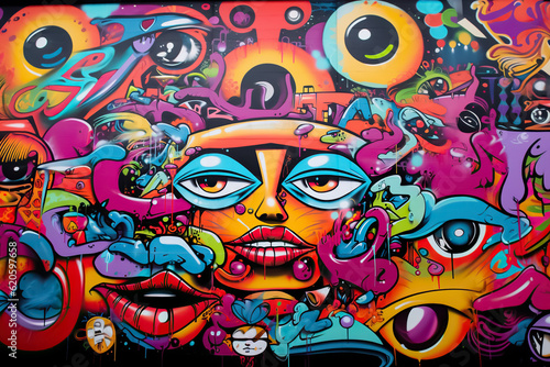 Abstract colorful graffiti wall with bizarre faces  street art  urban culture