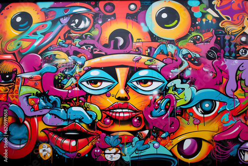 Abstract colorful graffiti wall with bizarre faces, street art, urban culture