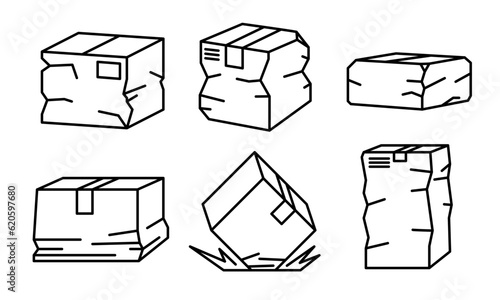 Set of linear damaged package boxes icon. Broken cardboard box. Delivery concept. Problem with transportation and storage of goods. Line illustration of torn cargo box. Сrushed parcel. Shipping crate