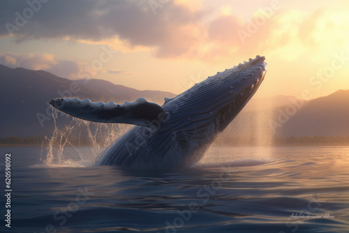 Witness the powerful and graceful movement of a humpback whale as it breaches out of the water in this breathtaking photo of marine wildlife. AI Generative. © sorapop