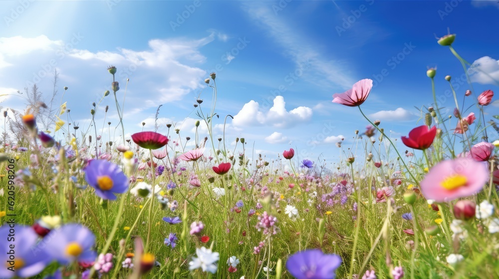 beautiful flowers bloom with blue sky in the spring field, soft focus, generative ai.