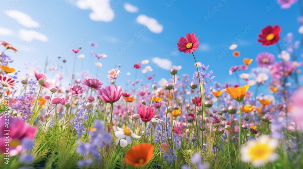 beautiful flowers bloom with blue sky in the spring field, soft focus, generative ai. beautiful flowers bloom with blue sky in the spring field, soft focus, generative ai.