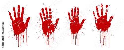 Red hands print with drips and splatters. Horror and dirty red palm for halloween decoration. Scary elements with stain, splatter and streams isolated on white background