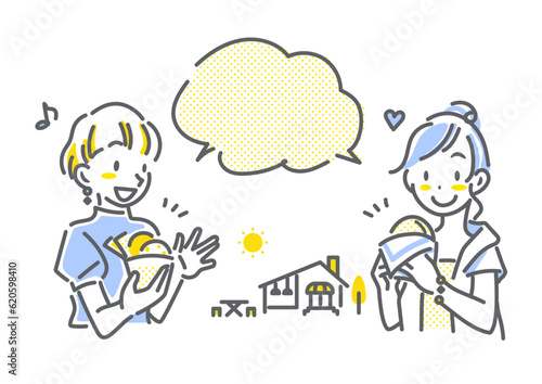 旅先で食べ歩きを楽しむ女性ふたり　女子旅　シンプルでお洒落な線画イラスト