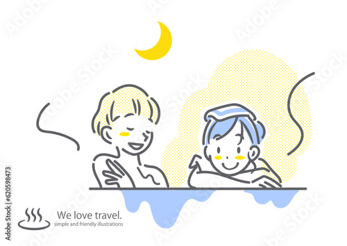 温泉でくつろぐ女性ふたり　女子旅　シンプルでお洒落な線画イラスト