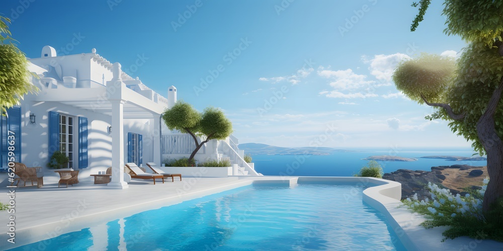 Fototapeta premium Traditional mediterranean white house with pool on hill with stunning sea view. Summer vacation background