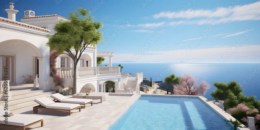 Traditional mediterranean white house with pool on hill with stunning sea view. Summer vacation background