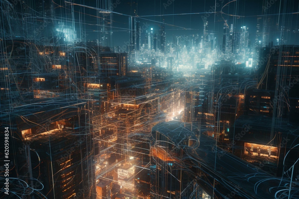 Futuristic urban hub on circuit board. Cyber space illustration. Generative AI