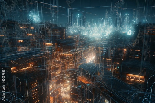Futuristic urban hub on circuit board. Cyber space illustration. Generative AI