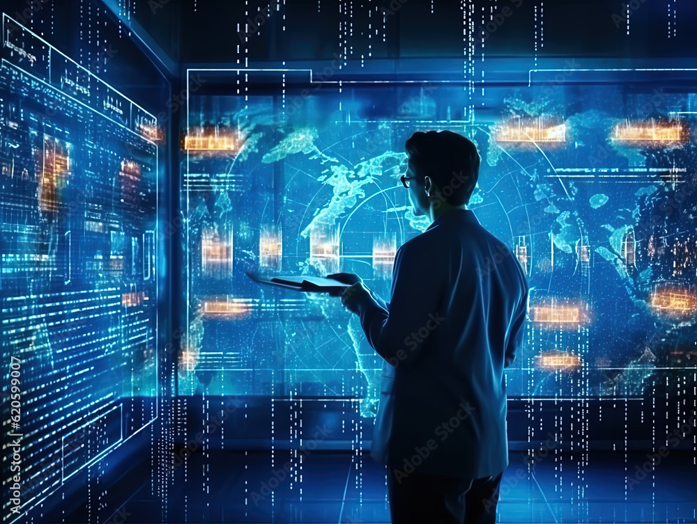 businessman working on a huge screen full of HUD intarface design elements, AI Artificial Intelligence, Data Science, Information technology concept businessman working on a huge screen full of HUD intarface design elements, AI Artificial Intelligence, Data Science, Information technology concept