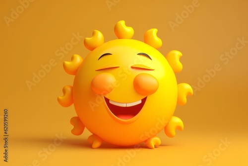 Yellow sun cartoon character smiles. Illustration was made with Generative AI. 