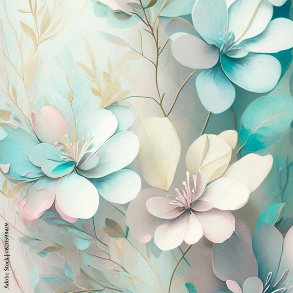 Pastel watercolor flowers with stems and leaves. Watercolor art background.