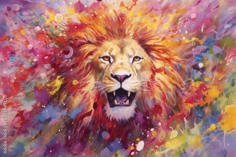 Fototapeta fluidity and unpredictability of watercolors by creating a dynamic and energetic lion print. bold brushstrokes and splashes of color to depict the lion's movement and power 