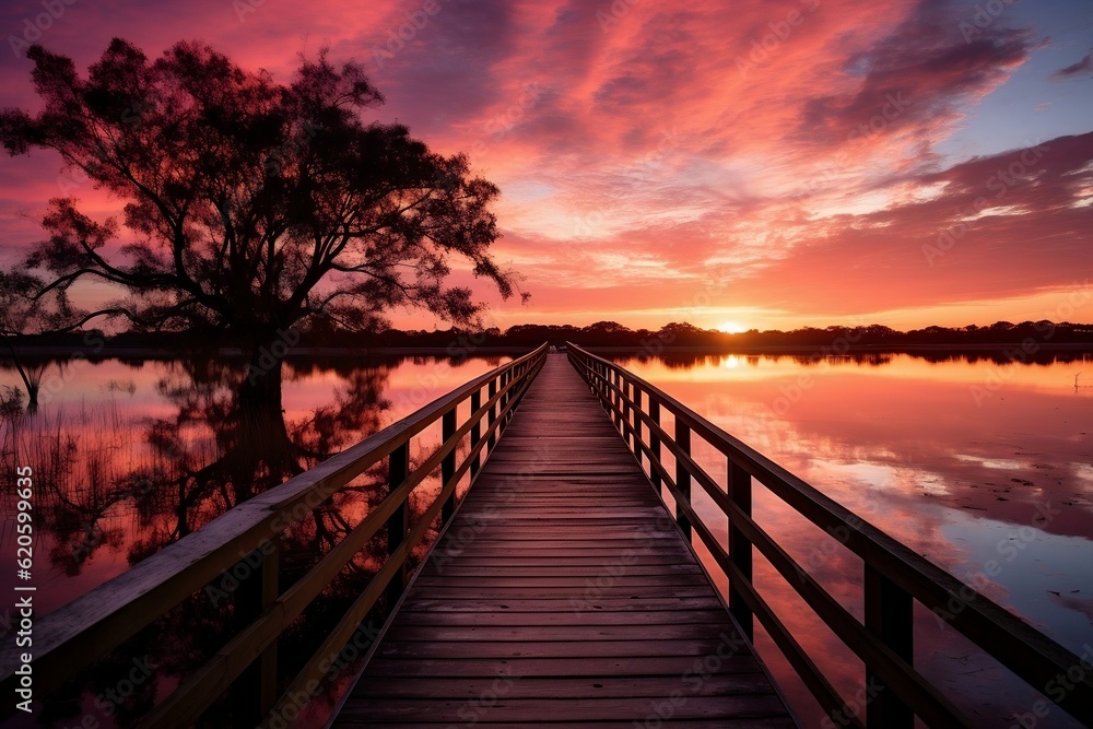 A wooden walkway leading to a sunset over a marsh. AI