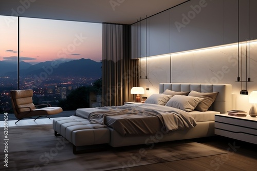 A bedroom with a view of the city at night. AI