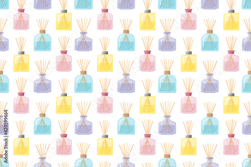 Home fragrances seamless pattern, colorful glass bottles with aroma sticks on white background, flat design